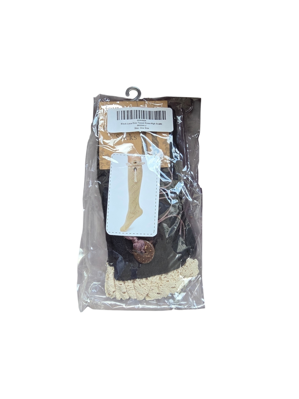 Lace-Trim Knee High Socks in Brown with Cream Accent